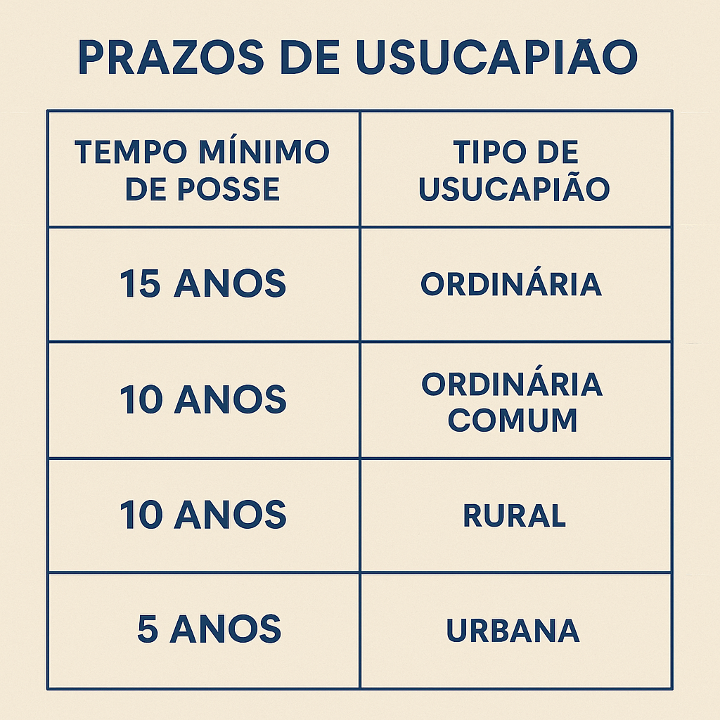 Tabela de prazos: tempo mínimo de posse para cada tipo de usucapião
