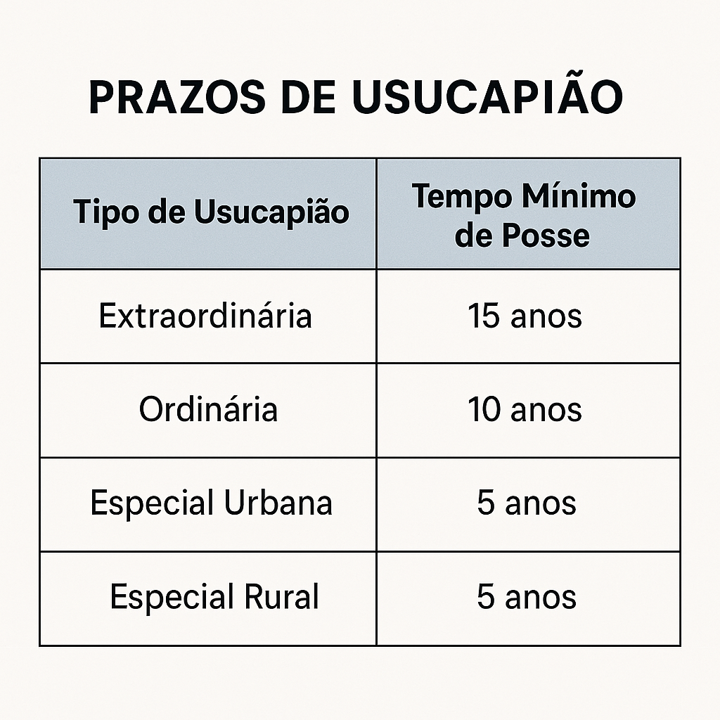Tabela de prazos: tempo mínimo de posse para cada tipo de usucapião